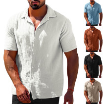 Summer casual lapel solid color short sleeved button men's linen shirt men's clothing Summer casual lapel solid color short sleeved button men's linen shirt men's clothing