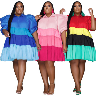 Spliced contrast color bubble sleeve large swing skirt for women's dress in large size