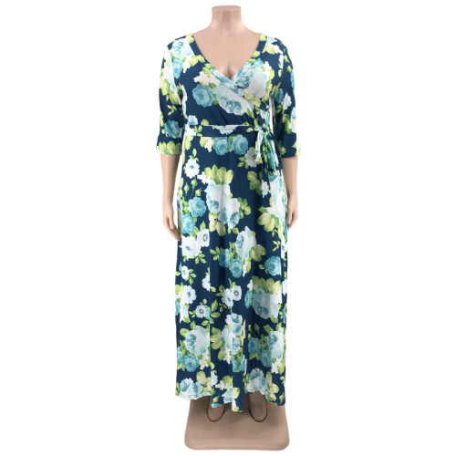 Flower printed high waisted large size women's dress with waistband