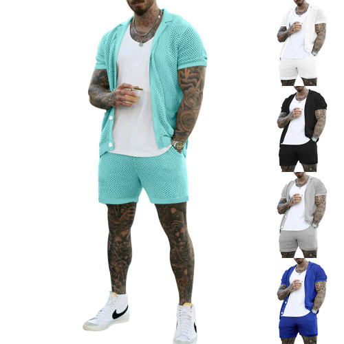Men's hollowed out perspective cool casual thin men's short sleeved shorts set