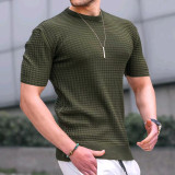 Men's small checkered T-shirt with round neck casual trend top