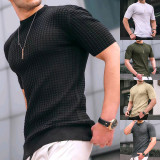 Men's small checkered T-shirt with round neck casual trend top