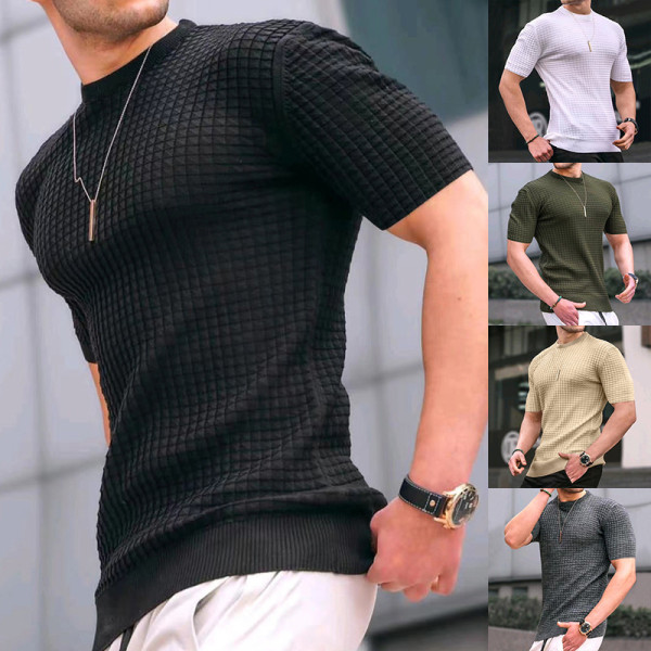 Men's small checkered T-shirt with round neck casual trend top