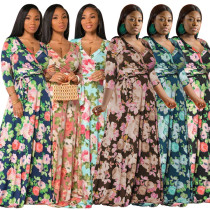 Flower printed high waisted large size women's dress with waistband