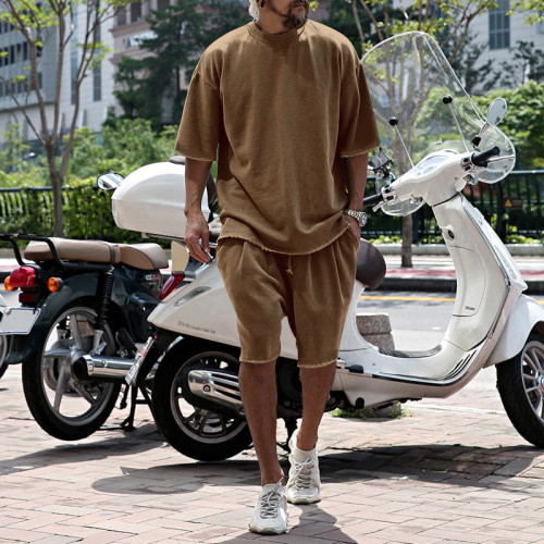 Casual men's suit loose fitting short sleeved men's T summer shorts solid color men's clothing