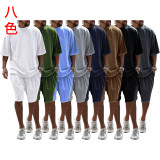 Casual men's suit loose fitting short sleeved men's T summer shorts solid color men's clothing