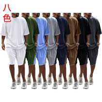 Casual men's suit loose fitting short sleeved men's T summer shorts solid color men's clothing Casual men's suit loose fitting short sleeved men's T summer shorts solid color men's clothing