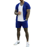 Men's hollowed out perspective cool casual thin men's short sleeved shorts set