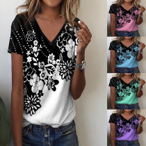 New Women's Flower Print V-Neck Short Sleeve Print T-shirt