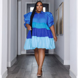 Spliced contrast color bubble sleeve large swing skirt for women's dress in large size