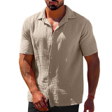 Summer casual lapel solid color short sleeved button men's linen shirt men's clothing