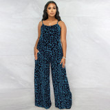 Leopard print strap casual oversized jumpsuit