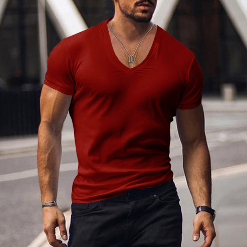 Men's V-neck solid color large casual T-shirt short sleeved men's clothing