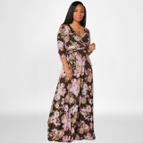 Flower printed high waisted large size women's dress with waistband
