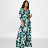 Flower printed high waisted large size women's dress with waistband