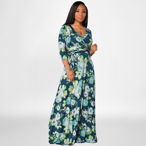 Flower printed high waisted large size women's dress with waistband