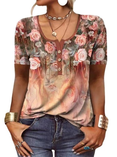 Short sleeved printed ethnic fashion T-shirt for women