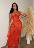 Women's sexy hollow out handmade knitted sequin vest beach skirt