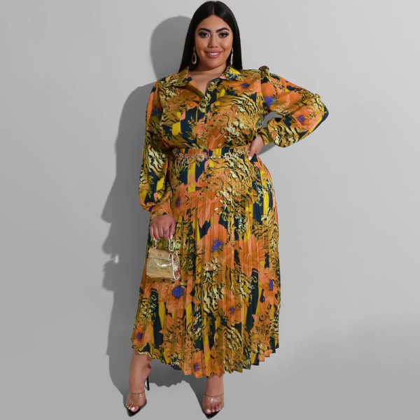 Woven printed pleated fashion casual large women's two-piece set