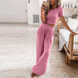 New Short Sleeve Solid Knitted Casual Home Two Piece Set for Women
