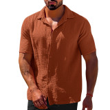 Summer casual lapel solid color short sleeved button men's linen shirt men's clothing