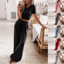 New Short Sleeve Solid Knitted Casual Home Two Piece Set for Women