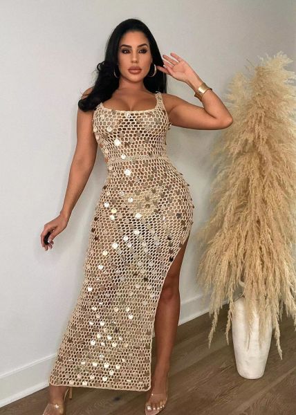 Women's sexy hollow out handmade knitted sequin vest beach skirt