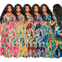 Floral leaf print with belt loose oversized dress