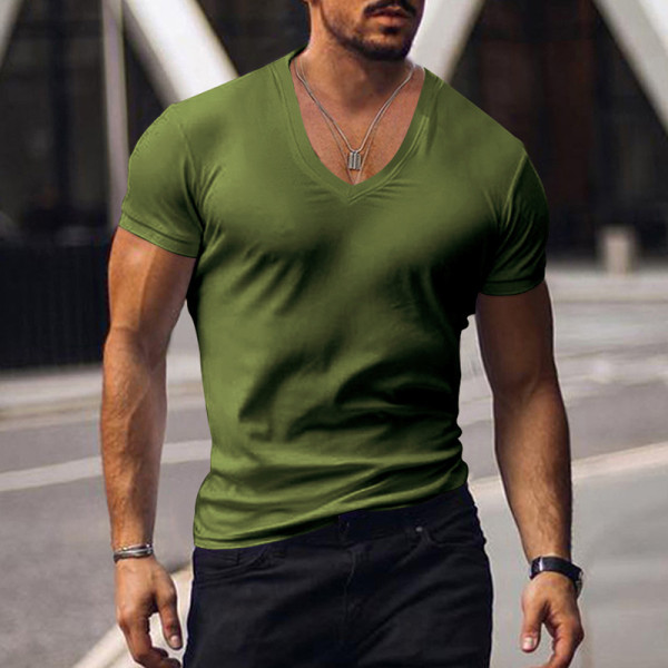 Men's V-neck solid color large casual T-shirt short sleeved men's clothing