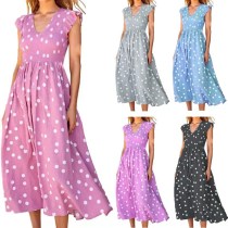 V-neck waistband large skirt with polka dot print dress for women