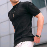 Men's small checkered T-shirt with round neck casual trend top