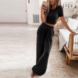 New Short Sleeve Solid Knitted Casual Home Two Piece Set for Women