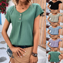 New Women's Top Solid Twist Button Fashion Short Sleeve Women