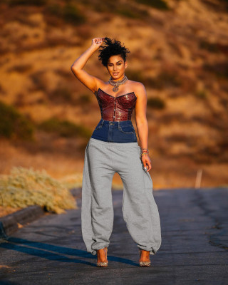 Denim knitted patchwork pants