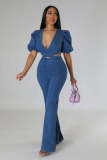 Pleated Lantern Sleeves, Bubble Sleeves, Fashion, Casual, Sexy Denim Hollow Out jumpsuit
