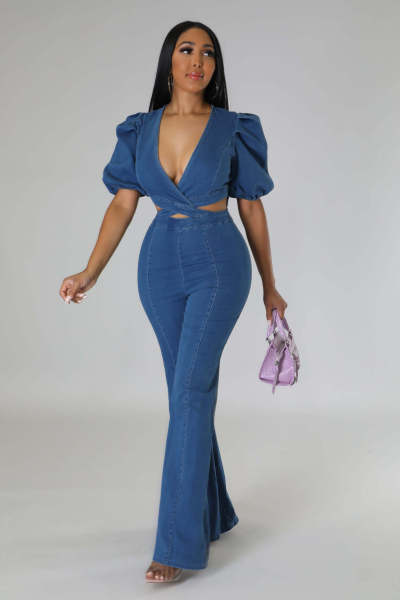 Pleated Lantern Sleeves, Bubble Sleeves, Fashion, Casual, Sexy Denim Hollow Out jumpsuit