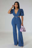 Pleated Lantern Sleeves, Bubble Sleeves, Fashion, Casual, Sexy Denim Hollow Out jumpsuit