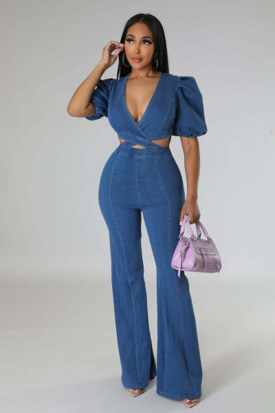 Pleated Lantern Sleeves, Bubble Sleeves, Fashion, Casual, Sexy Denim Hollow Out jumpsuit