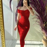 Solid color long skirt with elegant temperament, summer women's dress, one shoulder pleated dress