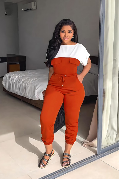 Slim fitting waistband commuting short sleeved color matching leggings women's tapered jumpsuit