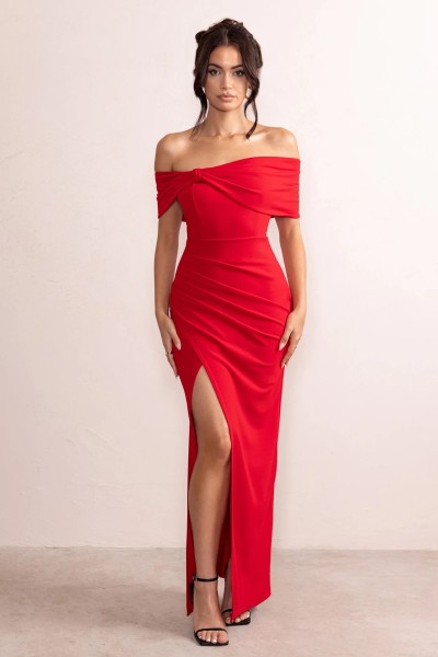 Bow tie one line neck off shoulder birthday dinner split women's dress
