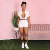Solid color short sleeved buttoned jumpsuit