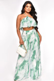 Open back sexy hanging neck bra temperament loose print pants two-piece set
