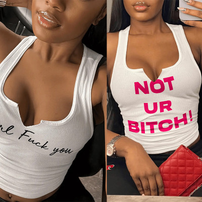 Solid Pit Stripe Letter Deep V Sleeveless Open Umbilical Women's Tank Top