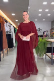 Solid color shawl evening dress high waisted women's chiffon pleated dress