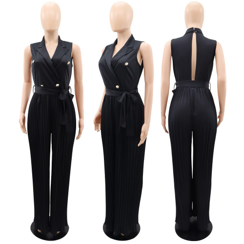 V-neck sleeveless backless style street pleated wide leg jumpsuit