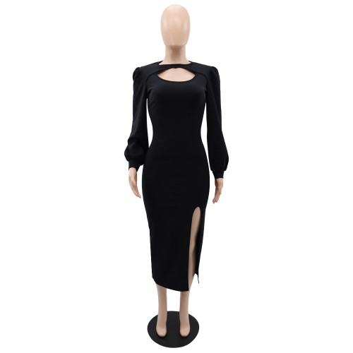 Hollow out temperament long sleeved solid color women's split spring/summer buttocks wrapped dress