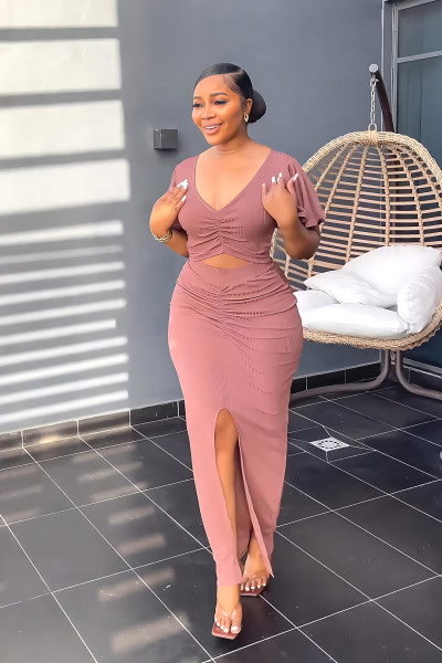 Lotus leaf sleeves with exposed navel V-neck top, split buttocks, long skirt, summer two-piece set