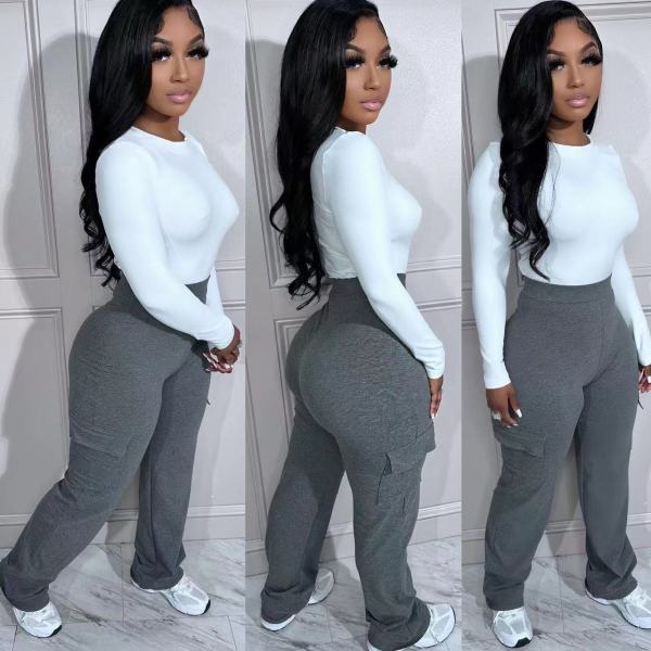Organ Pocket High Waist Elastic Solid Relaxed Pants