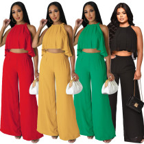 Sexy and versatile sleeveless Crop top chiffon high waist loose women's trousers two-piece set